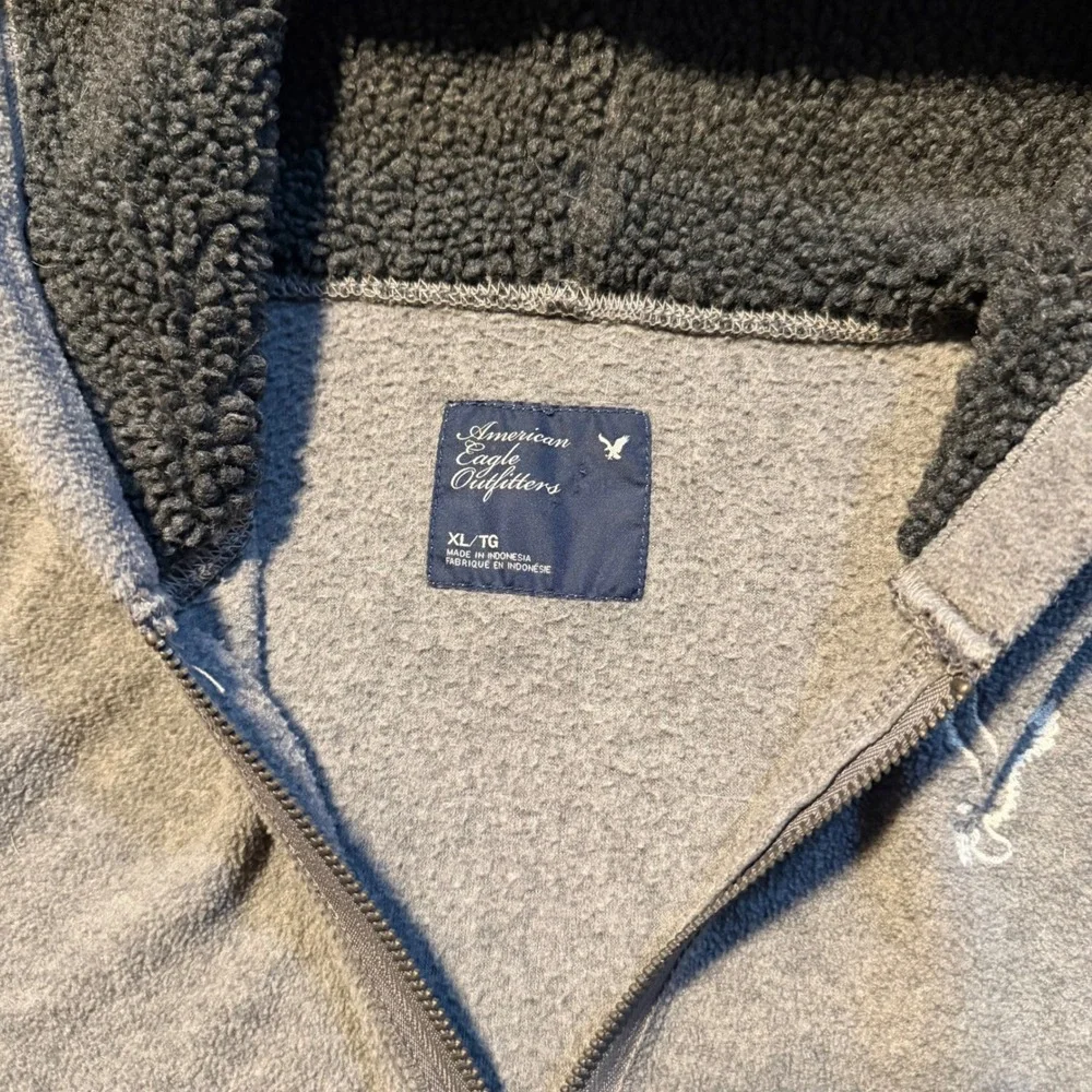 American Eagle Womens Hoodie XL Gray Sherpa Lined Full‎ Zip Fleece